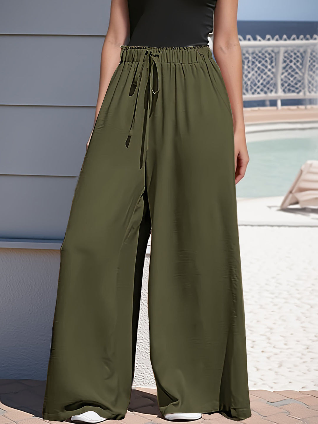 Damen Weite Palazzo‑Hose mit Paperbag‑Bund und Kordelzug Drune