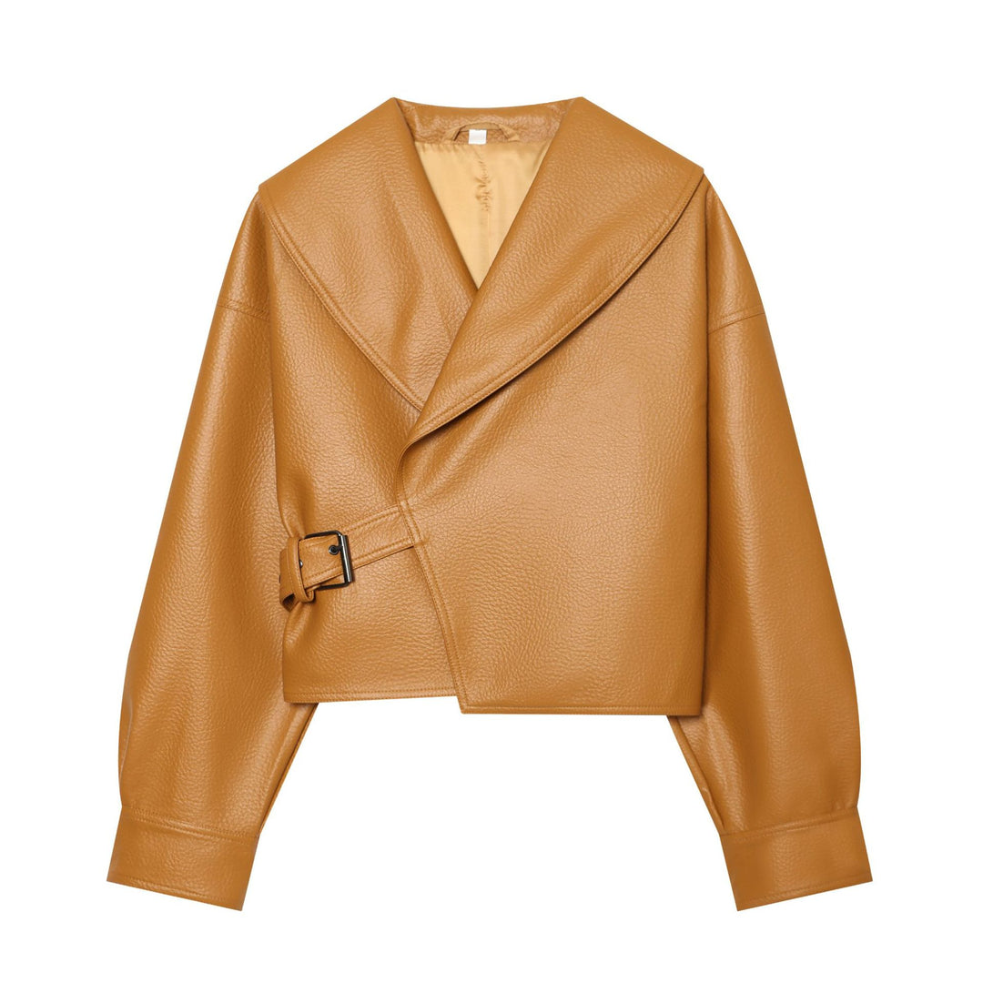 Damen Cropped Kunstlederblouson mit großem Schalkragen und Taillenband Drune