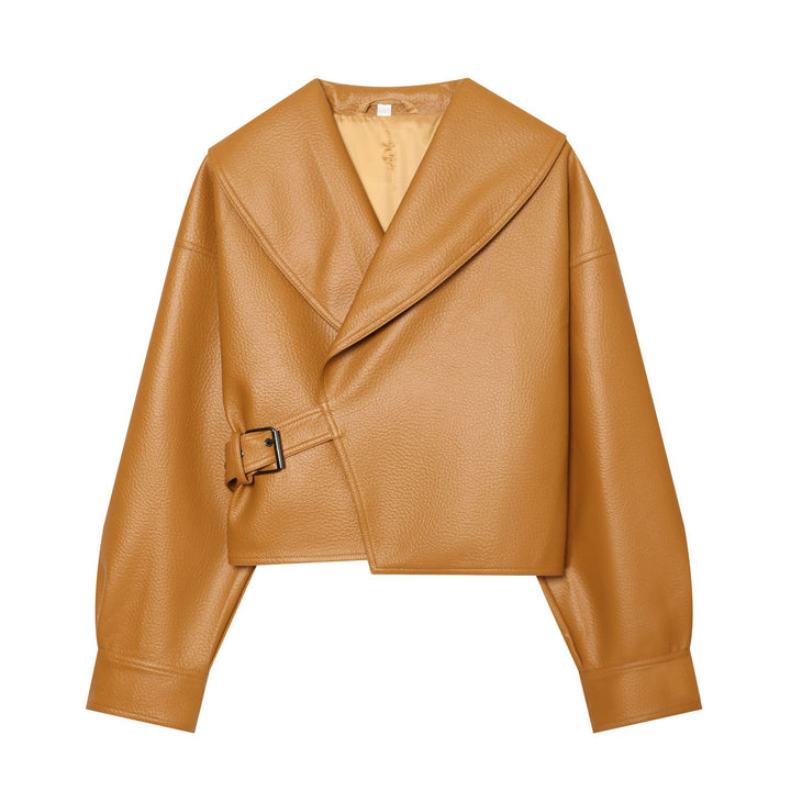 Damen Cropped Kunstlederblouson mit großem Schalkragen und Taillenband Drune