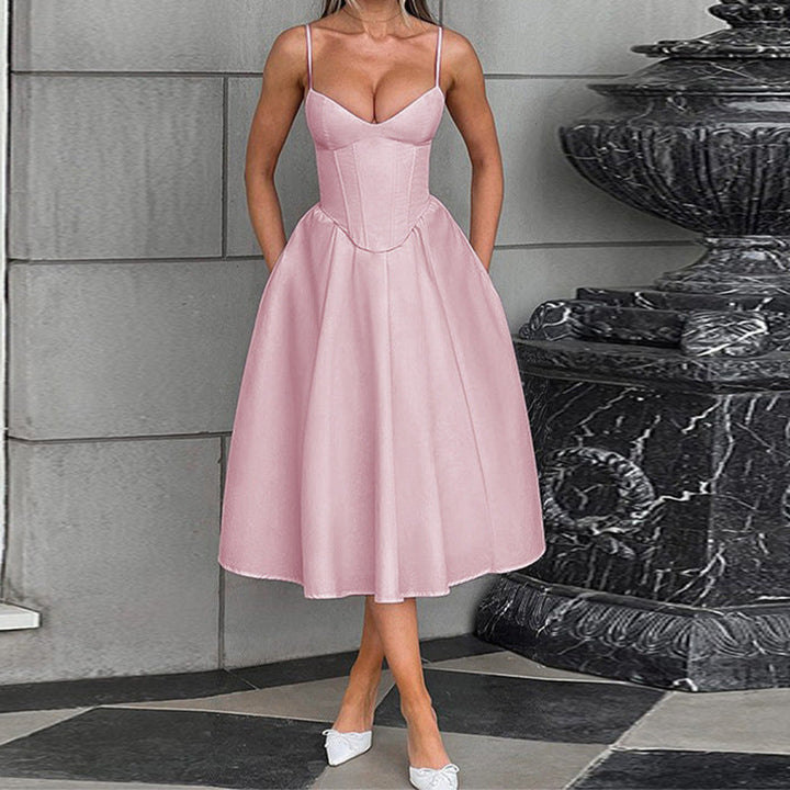 Damen Midikleid mit herzförmigem Ausschnitt und schwingendem Rock Drune