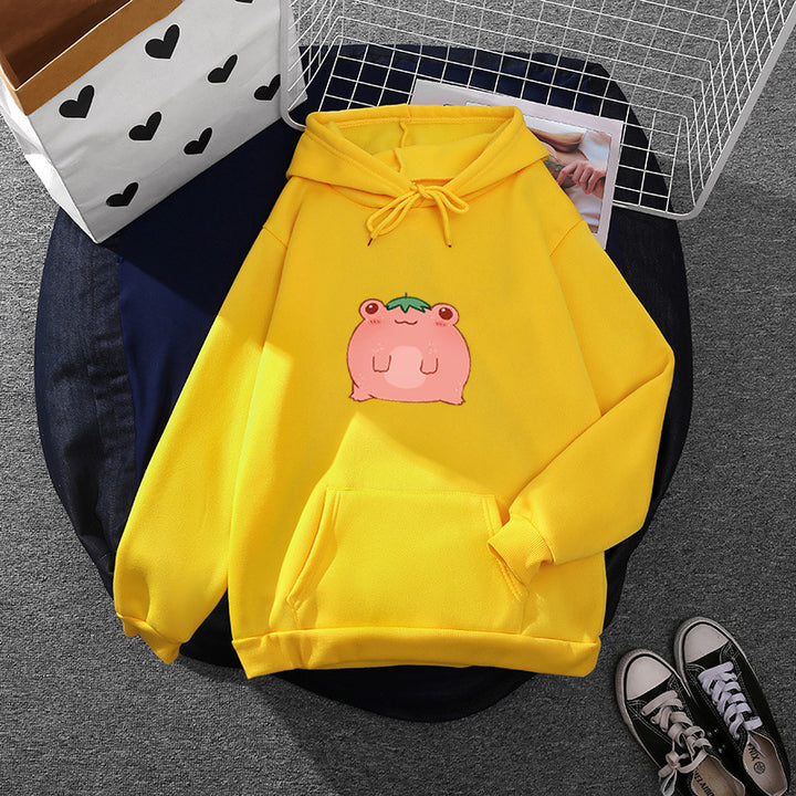 Damen nan oversized Kapuzenpullover aus Microfleece mit Cartoonfrosch-Motiv und Kängurutasche Drune