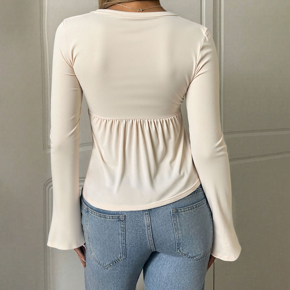 Damen elegantes, drapiertes Oberteil mit langärmeligen Trompetenärmeln Drune