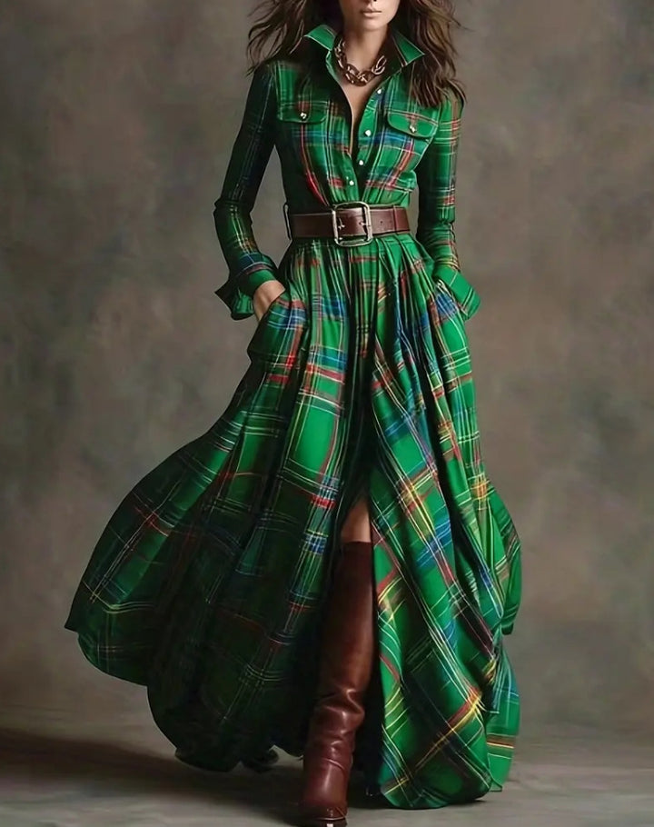 Damen nan karierte Maxikleid Hemdblusenkleid mit ausgestelltem Rock und breitem Taillengürtel Drune