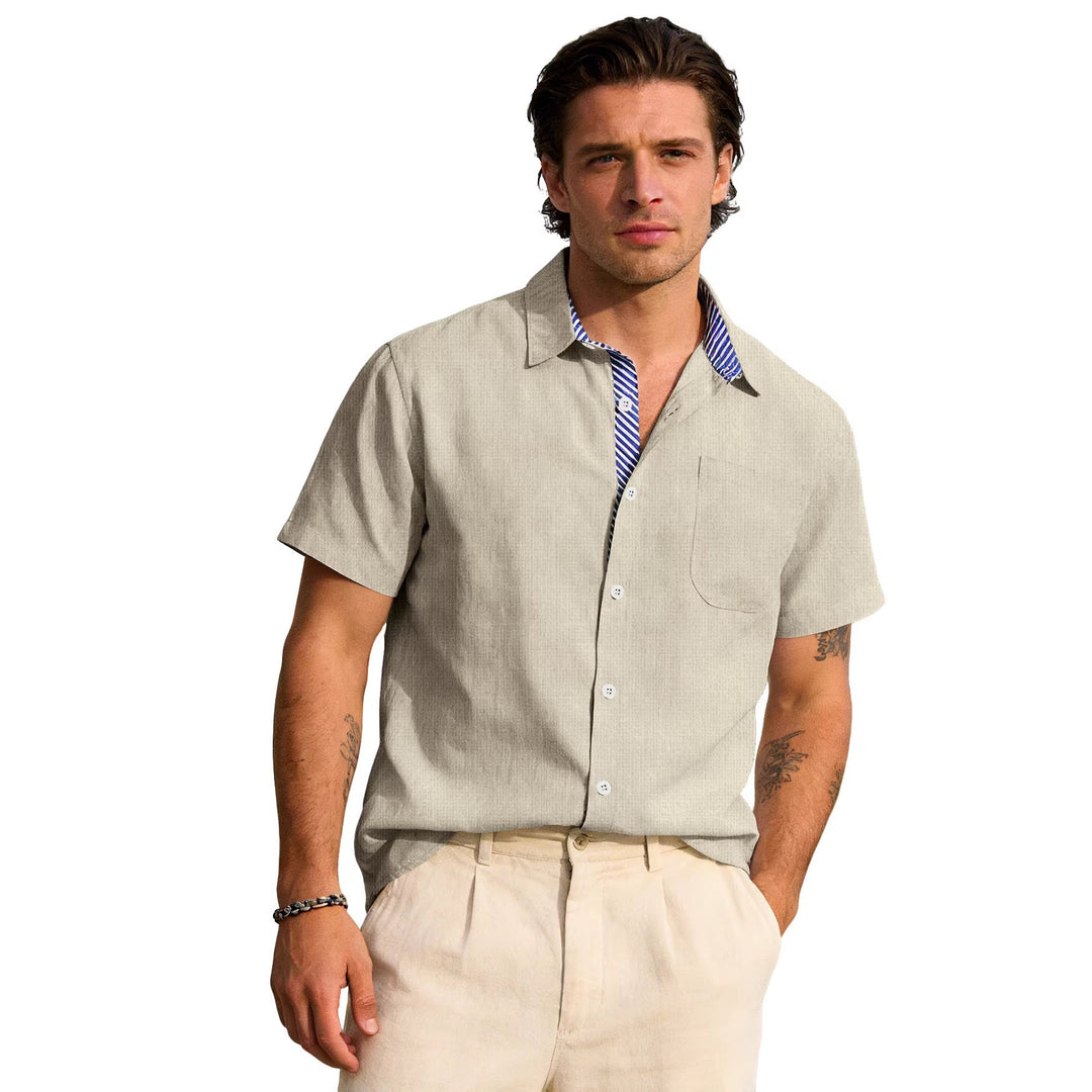 Herren nan Business-Casual Kurzarmhemd mit gestreiftem Kragenfutter und Brusttasche Drune