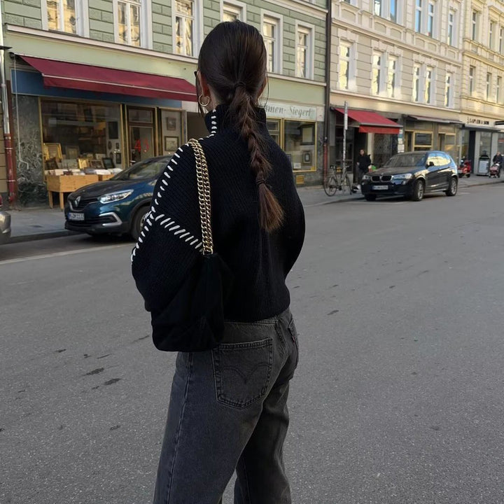 Damen Modischer Strickpullover mit hohen Ärmeln und dekorativem Kontraststich Drune