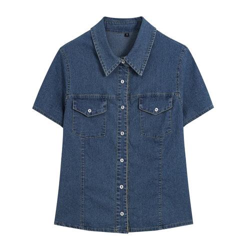Damen Kurzärmeliges Denim-Hemdkleid mit durchgehender Knopfleiste und Brustklappentaschen Drune