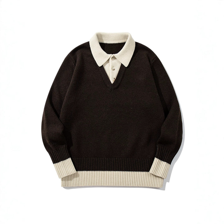 Herren Polokragen-Strickpullover mit Knopfleiste und kontrastierten Bündchen Drune