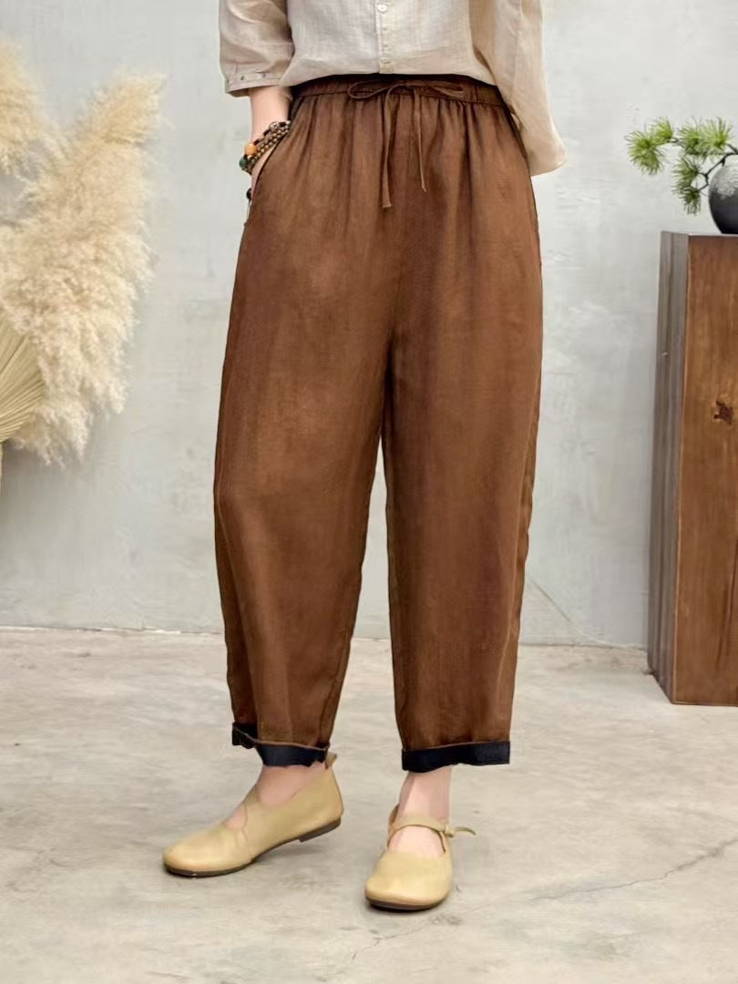 Damen Relaxed Fit Hohe Taille Hose mit verstellbarem Zugband Drune