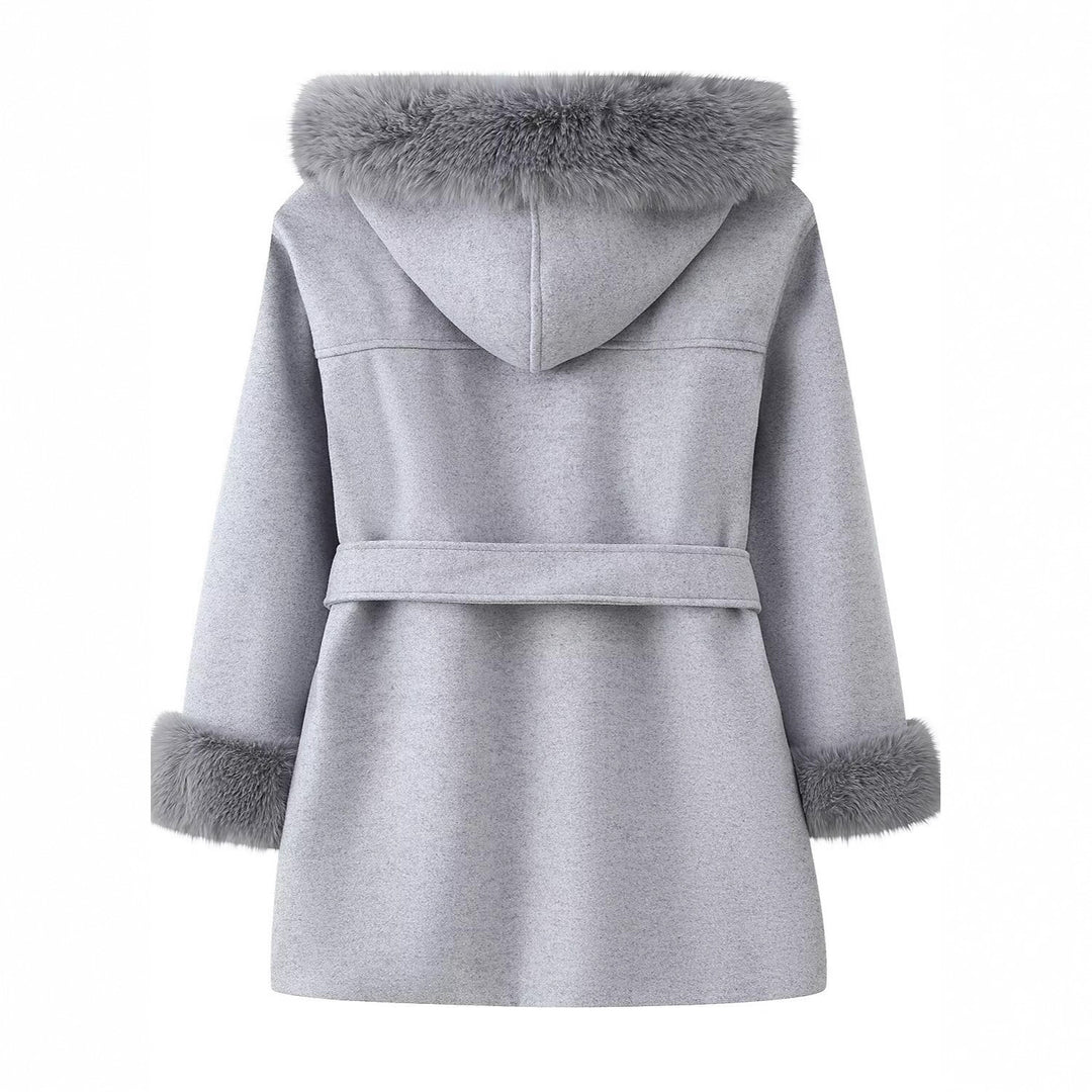 Damen Kapuzen-Wollmix-Mantel mit Bindegürtel und Faux-Fur-Besatz Drune
