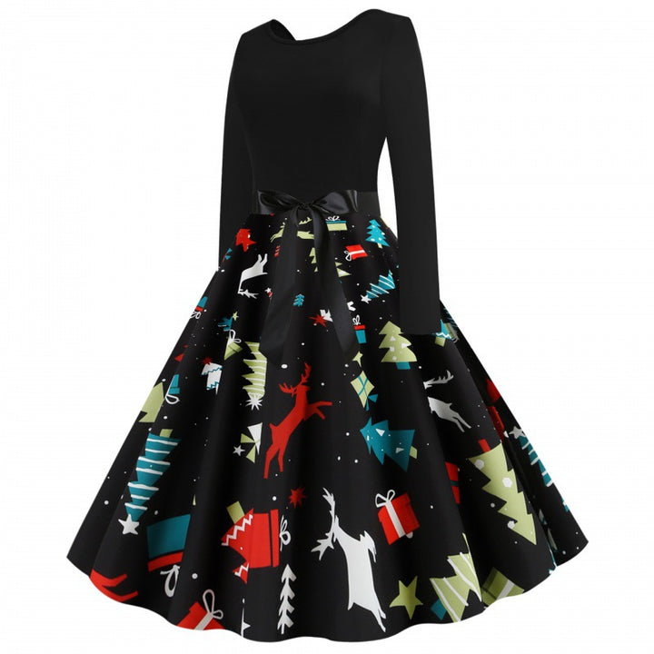 Damen Tailliertes Retro Kleid mit voluminösem Tellerrock und Weihnachtsprint Drune