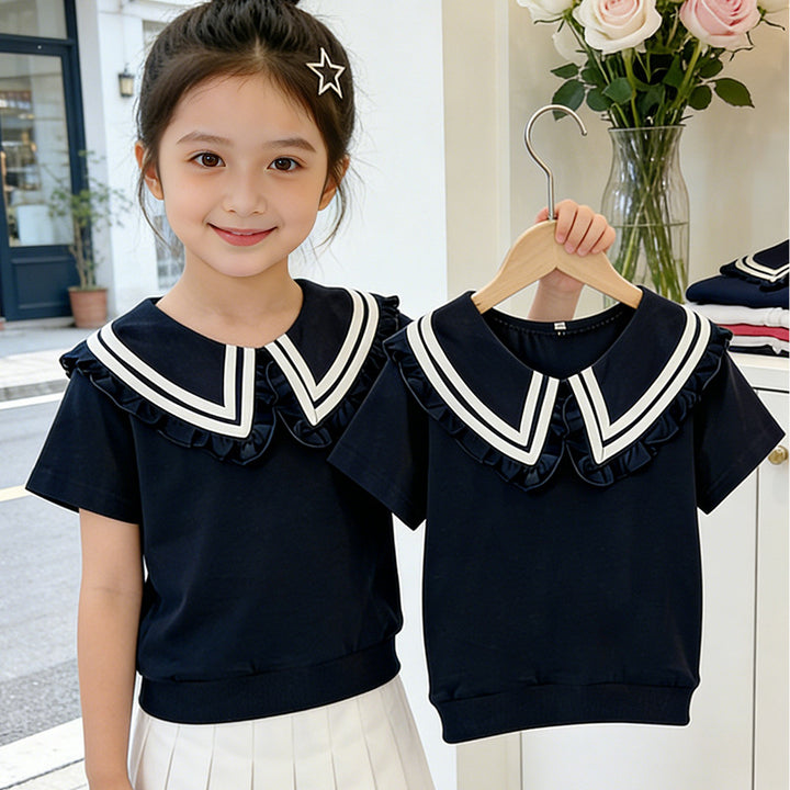 Mädchen T-Shirt mit elegantem Rüschenkragen und maritimem Streifen Drune