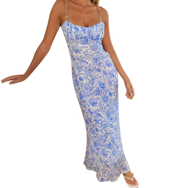 Damen elegantes Maxikleid mit floralem Design und dünnen Trägern Drune