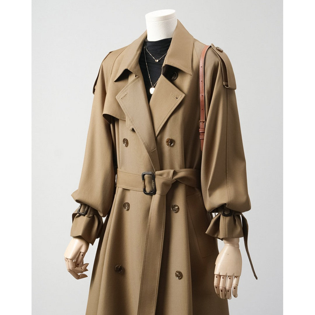 Damen Trenchcoat mit Ballonärmeln, doppelreihiger Schnitt und Taillengürtel Drune