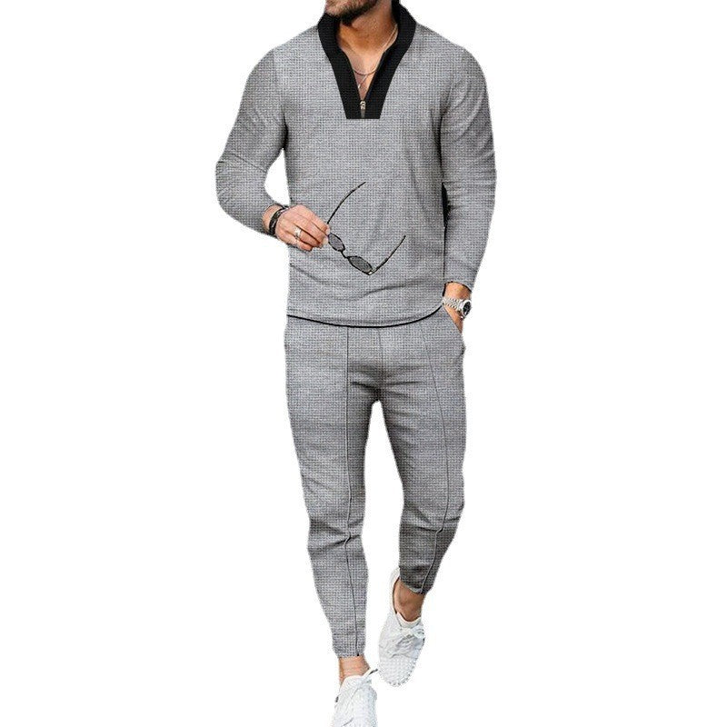 Herren nan modernes Freizeit-Set Halbzip-Henleypullover mit Raglanärmeln und tapered Bügelfalten-Jogginghose Drune