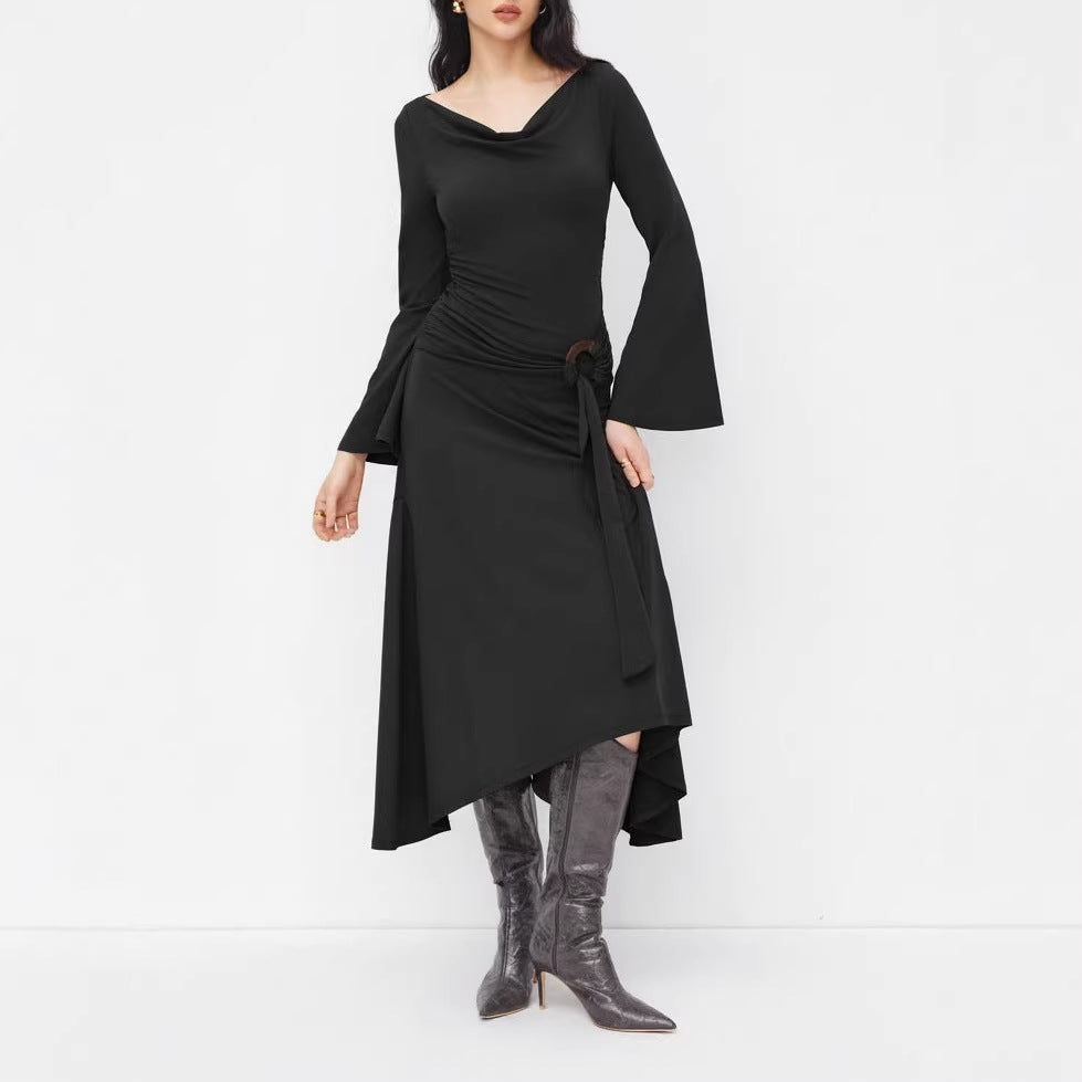 Damen Asymmetrisches Midikleid mit Wasserfallkragen, Glockenärmeln und seitlichem Ringdetail Drune