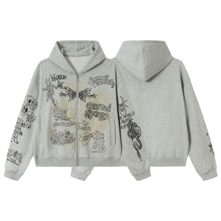 Damen Oversize-Kapuzenjacke mit Reißverschluss, hohem Kragen und grafischen Tattoo-Prints Drune
