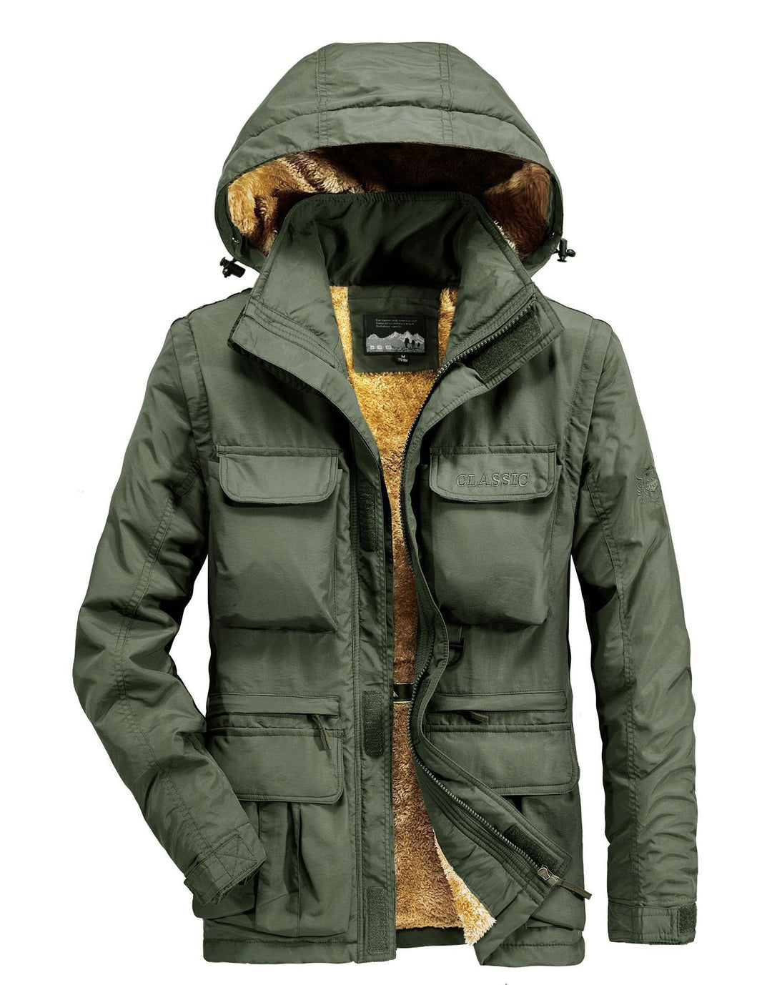 Herren Expedition-Fieldparka mit vollem Teddyfutter, verstellbarer Kapuze und Mehrfach-Cargo-Taschen Drune