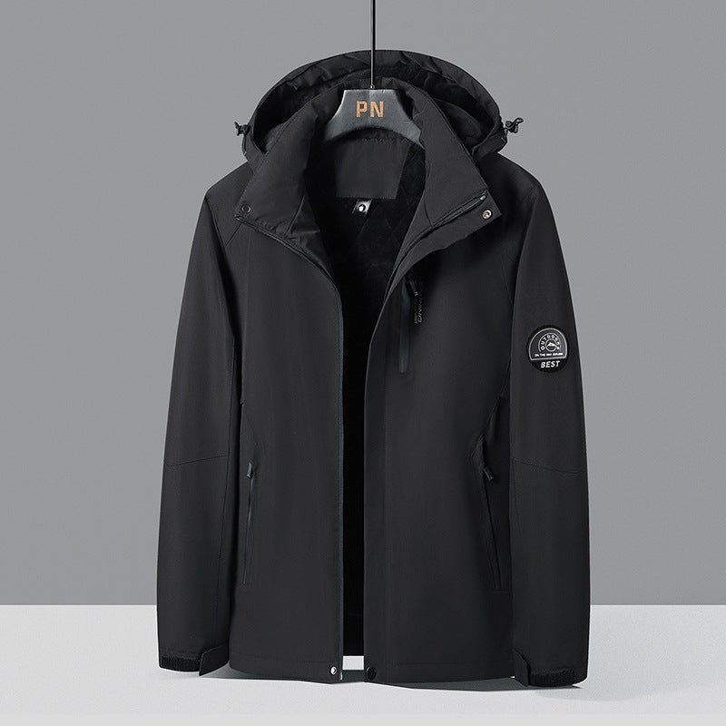 Herren zweifarbige Softshell-Outdoorjacke mit winddichter Membran, verstellbarer Kapuze und verdeckter Brusttasche Drune