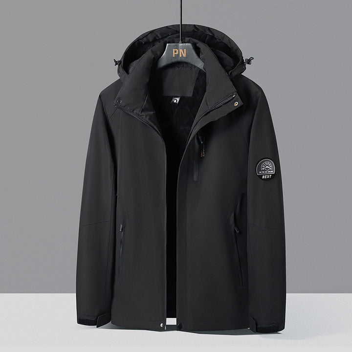 Herren zweifarbige Softshell-Outdoorjacke mit winddichter Membran, verstellbarer Kapuze und verdeckter Brusttasche Drune