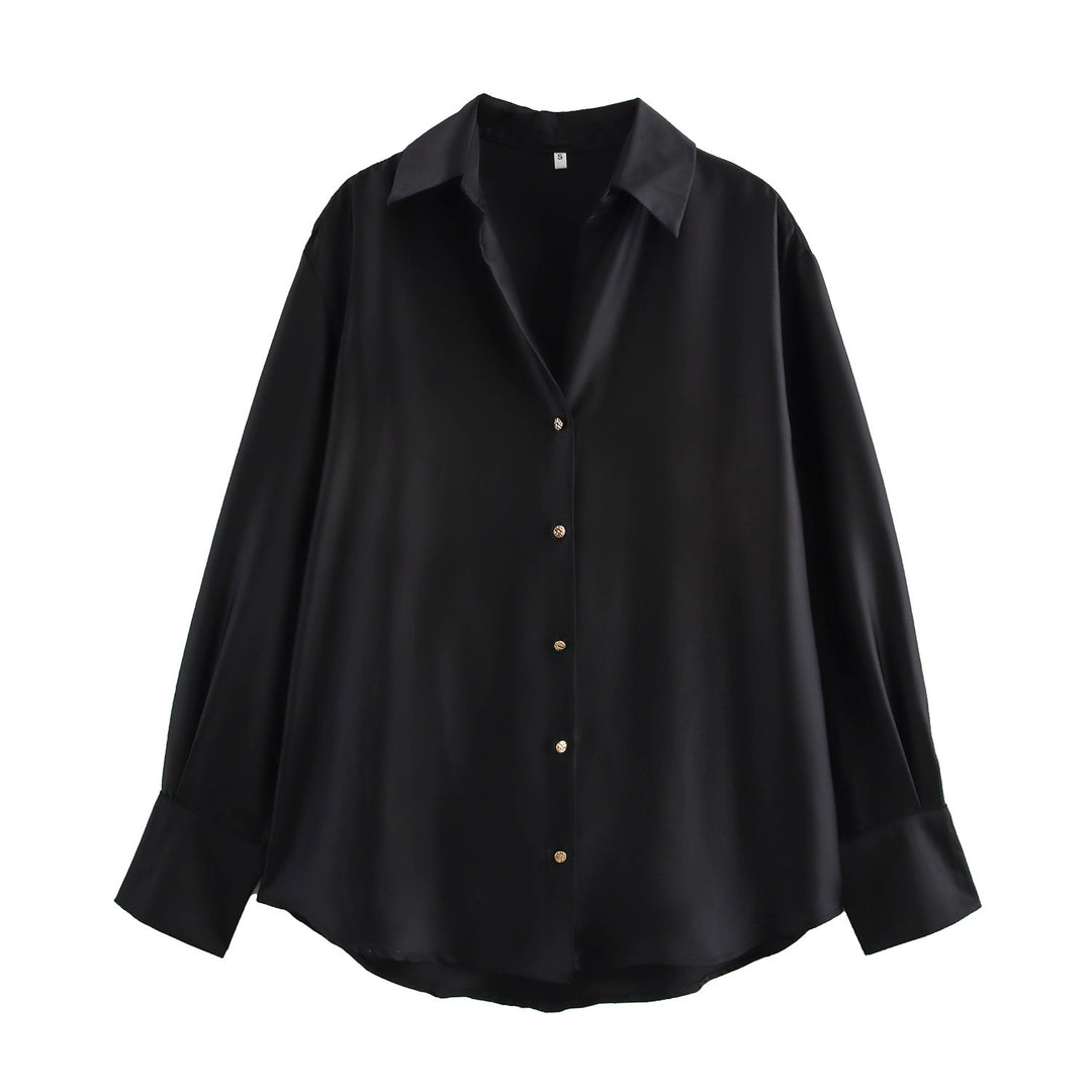 Damen nan oversized Satinbluse mit Hemdkragen, verlängerten Manschetten und abgerundetem Saum Drune