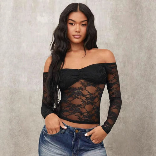 Damen Off-Shoulder Spitzenoberteil mit langen Ärmeln und romantischen Details Drune