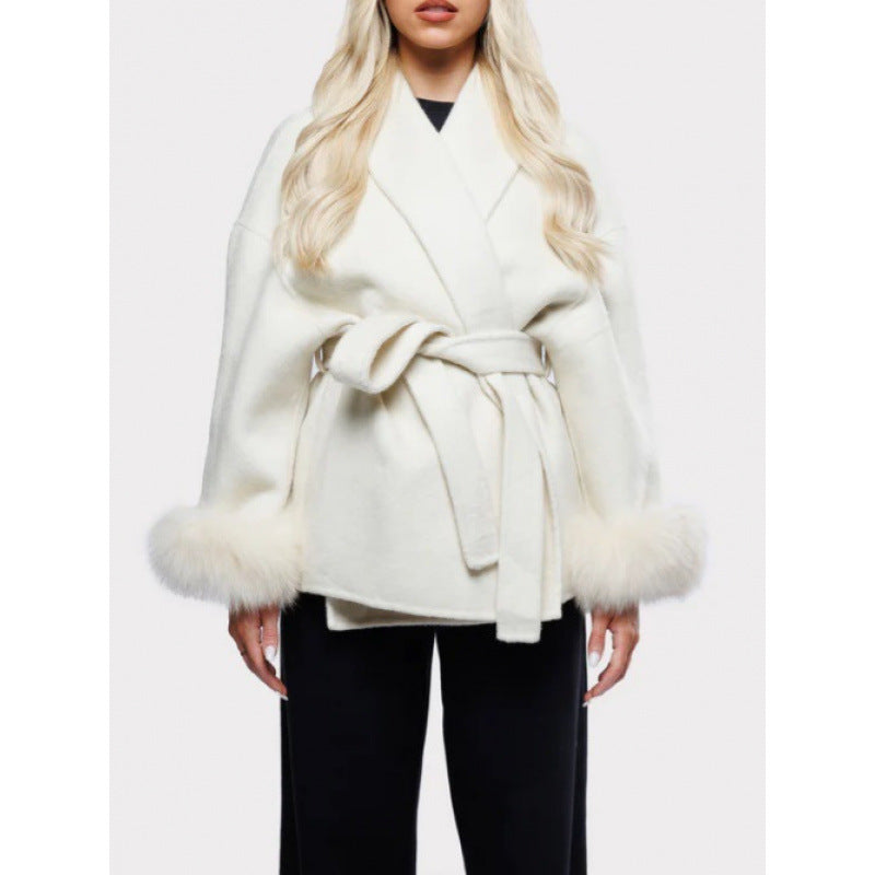Damen Fuzzi-Robenjacke mit elegantem Gürtel und luxuriösen Ärmeln aus Plüsch Drune