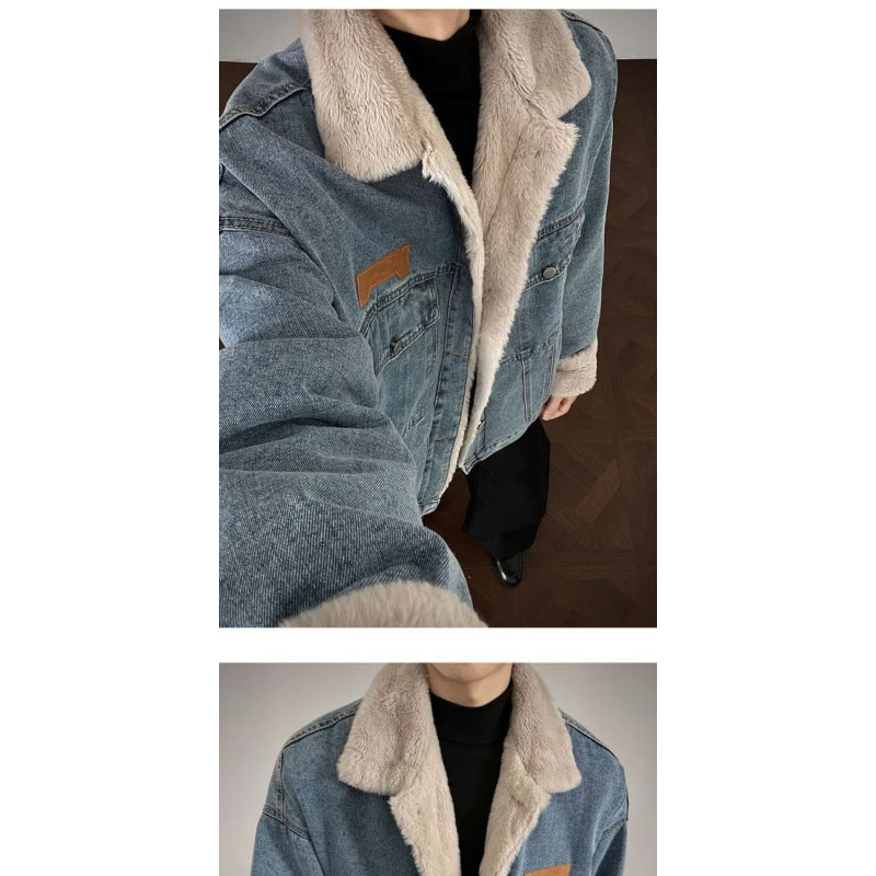Herren Denim-Jacke mit Kunstfellkragen Drune