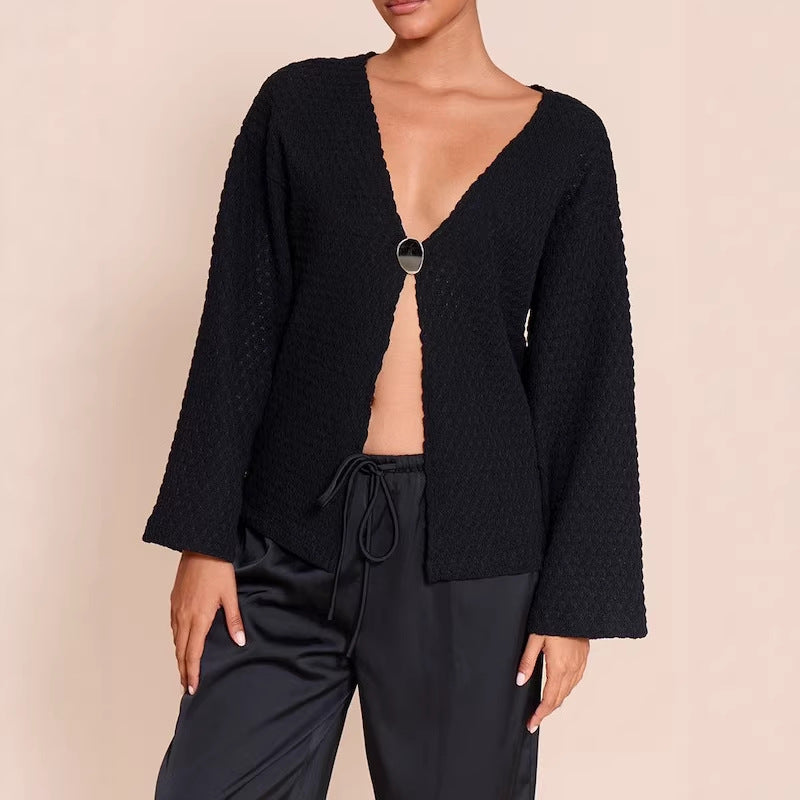 Damen Strukturierter Waffelstrick-Cardigan mit tiefem V‑Ausschnitt, Ein-Knopf-Verschluss und lässigen Oversize-Ärmeln Drune