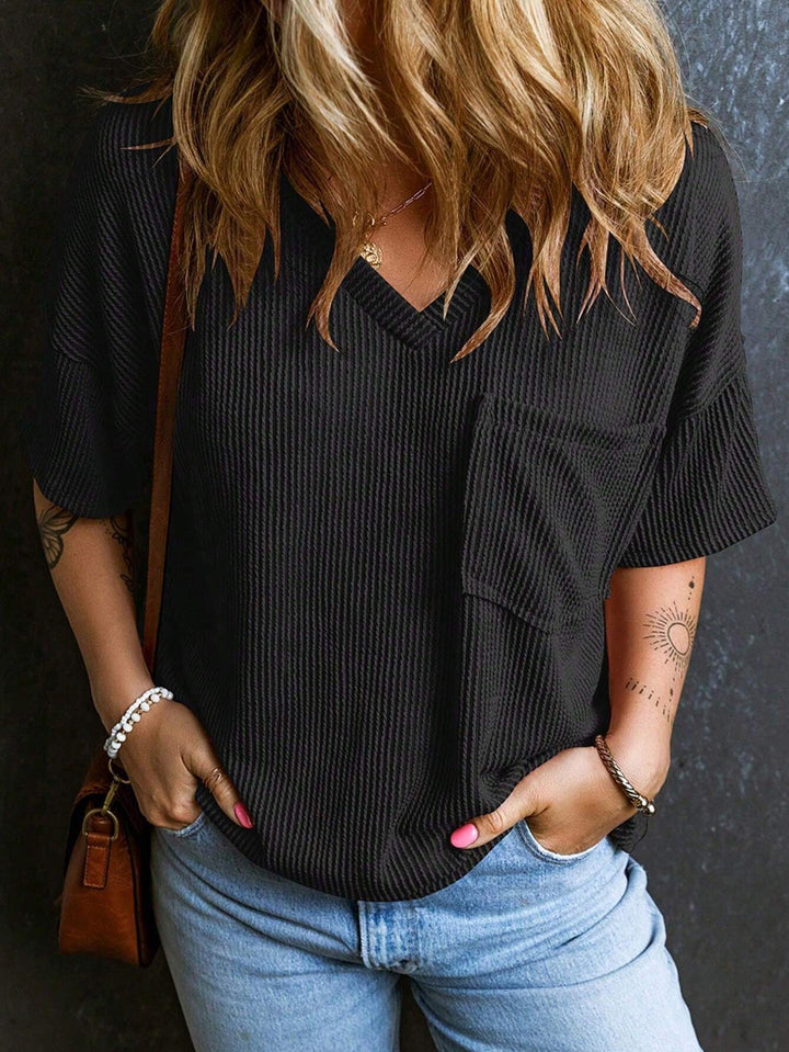 Damen Lässiges Rippstrick Oversize T-Shirt mit V-Ausschnitt und Brusttasche Drune