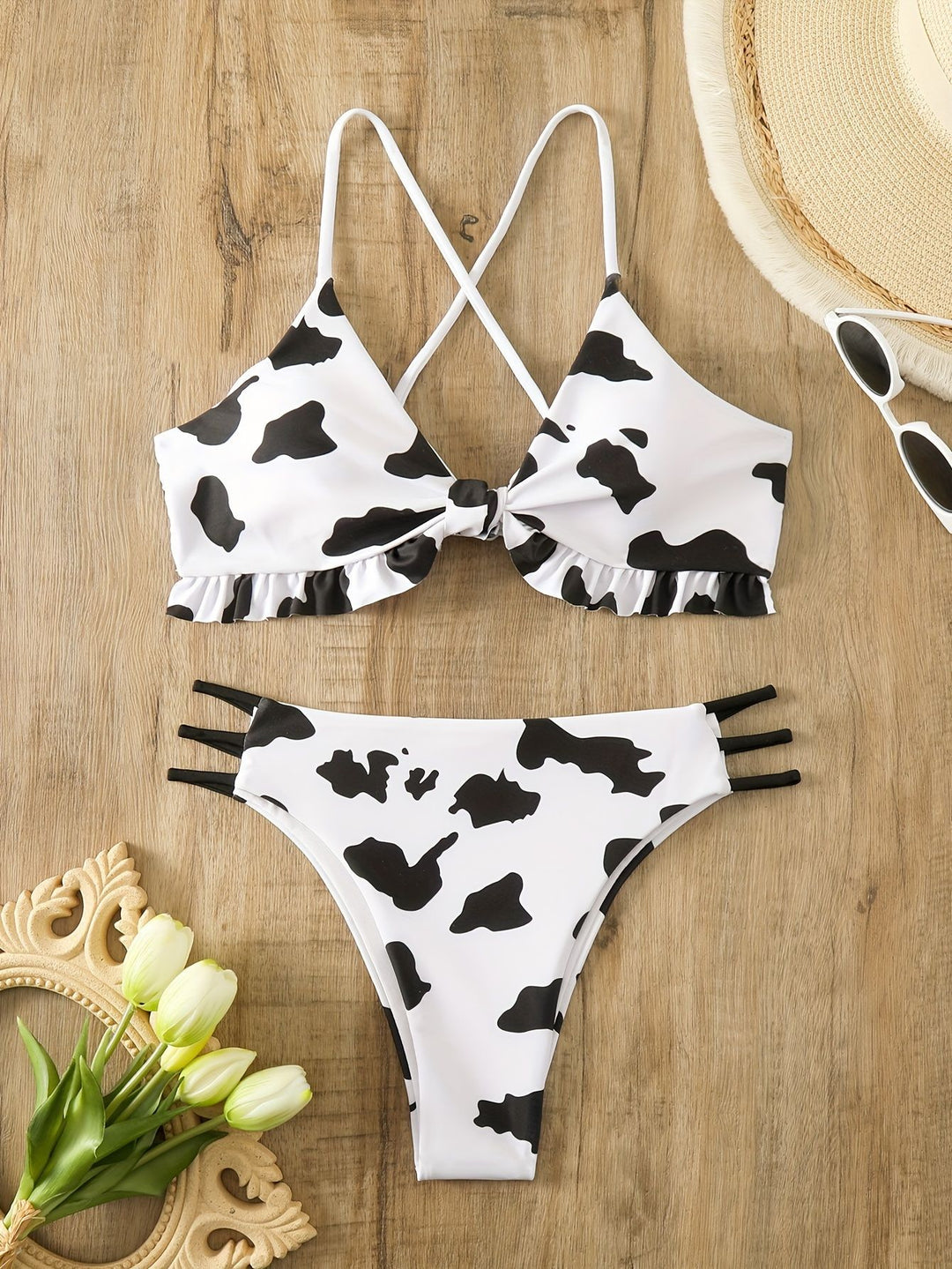 Damen Triangel-Bikini mit franjendetail und verspieltem Kuhmuster Drune