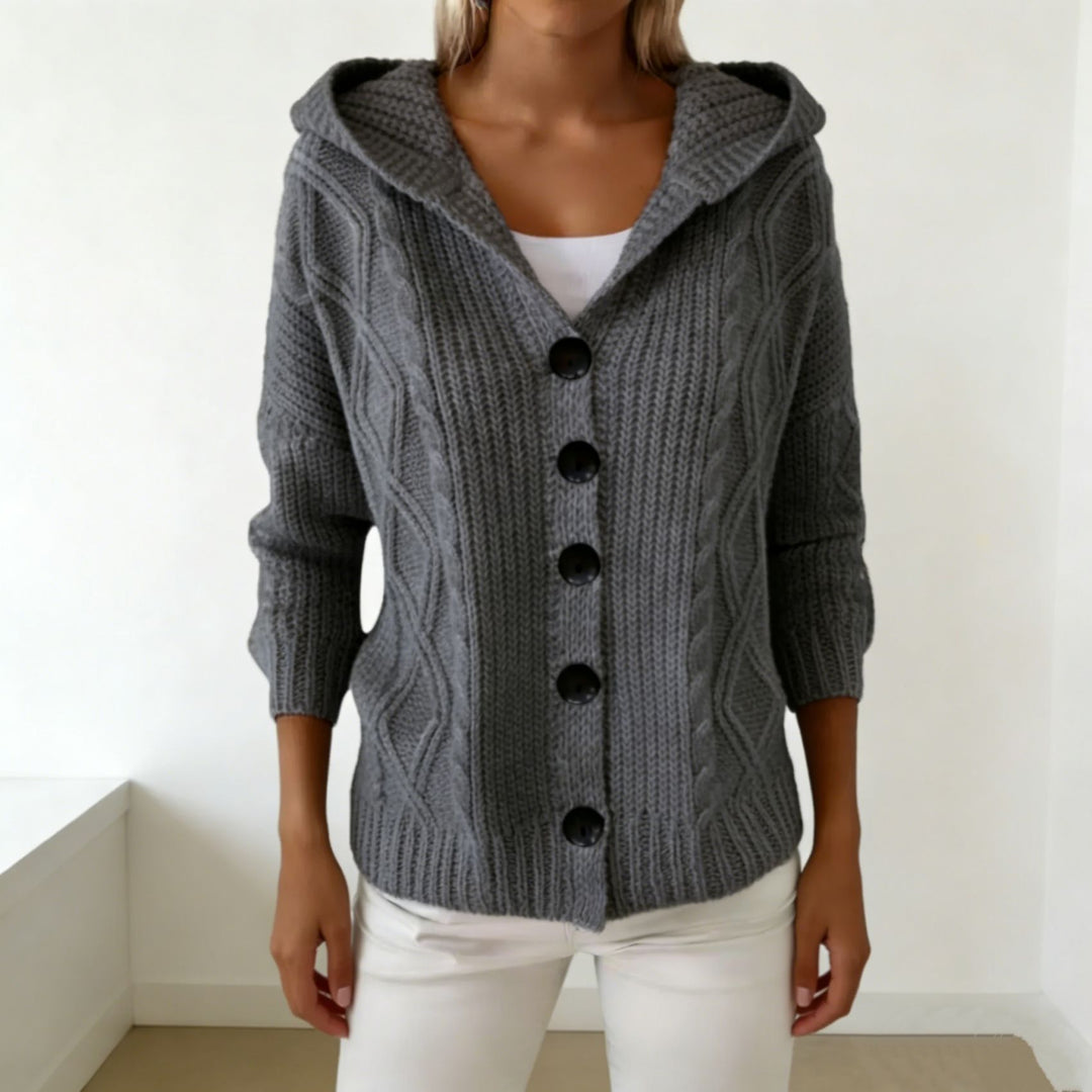 Damen Kapuzen-Cardigan aus grobem Zopfstrick mit Knopfverschluss Drune