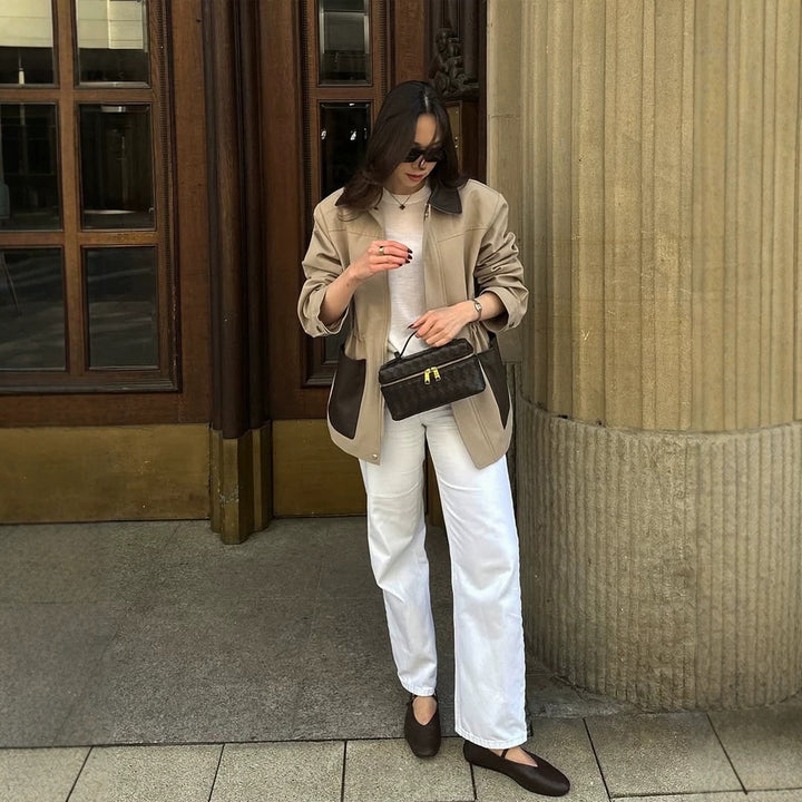 Damen Boxy-Fieldjacke mit kontrastkragen in Lederoptik und aufgesetzten Taschen Drune