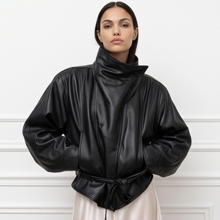 Damen Oversize-Kunstleder-Bomberjacke mit hohem Stehkragen und Taillengürtel Drune