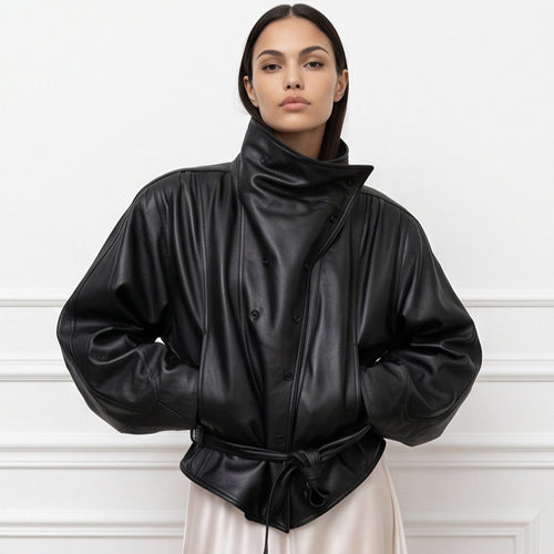 Damen Oversize-Kunstleder-Bomberjacke mit hohem Stehkragen und Taillengürtel Drune
