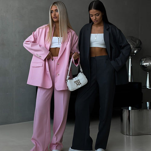 Damen elegantes Zweiteiler-Set mit oversized Blazer und weiter Hose Drune