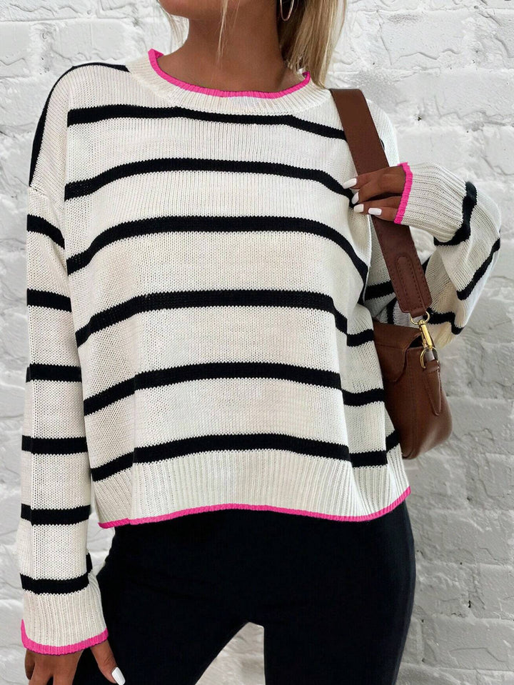 Damen lässiger gestrickter Pullover mit modischem Streifenmuster und kontrastierenden Abschlüssen Drune