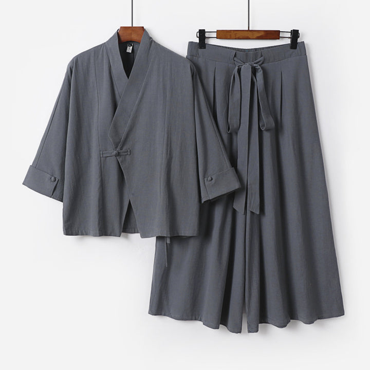 Damen Leichtes Kimono-Loungewear-Set mit V-Ausschnitt dreiviertelärmeln und weiten Palazzo-Hosen Drune