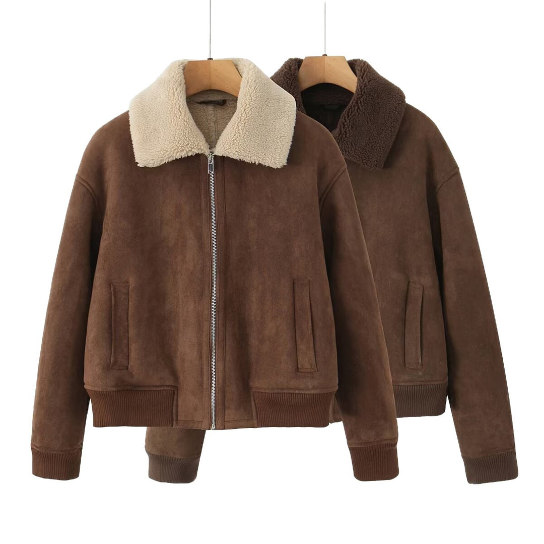 Damen Kurz geschnittene Teddy-gefütterte Wildlederoptik-Fliegerjacke mit Reißverschluss Drune
