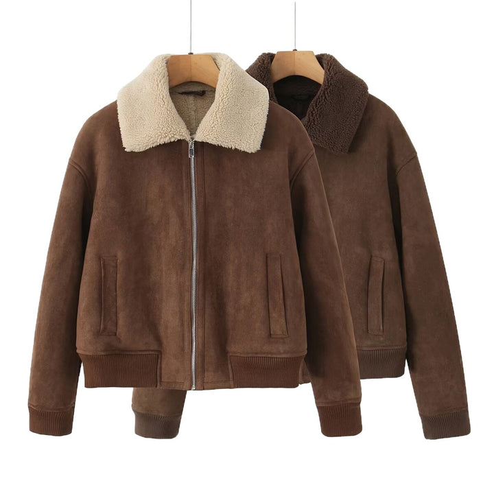 Damen Kurz geschnittene Teddy-gefütterte Wildlederoptik-Fliegerjacke mit Reißverschluss Drune
