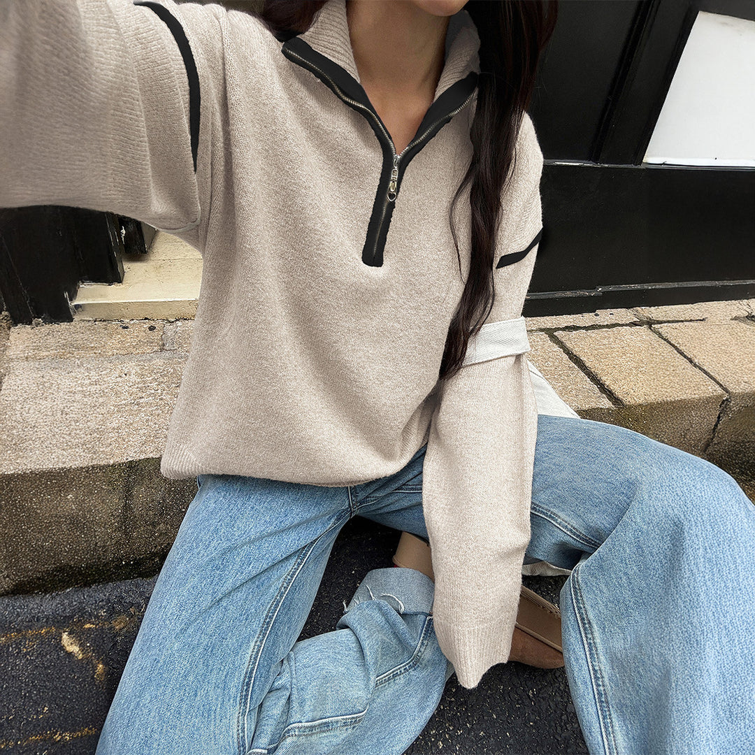 Damen Sportlicher Pullover mit halbem Reißverschluss und langen Ärmeln Drune