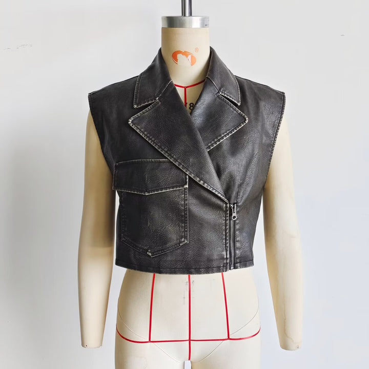 Damen nan kurzes ärmelloses Biker-Weste aus Kunstleder mit breitem Revers und asymmetrischem Reißverschluss Drune