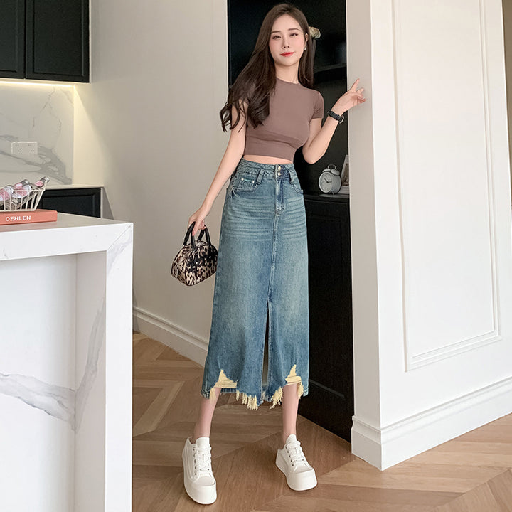 Damen Langer Denimrock mit seitlichem Schlitz und fransigem Saum Drune