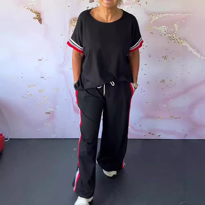 Damen nan sportlich-eleganter Zweiteiler mit kastigem Kurzarmshirt, Tunnelzug-Jogpant und seitlichem Kontraststreifen Drune