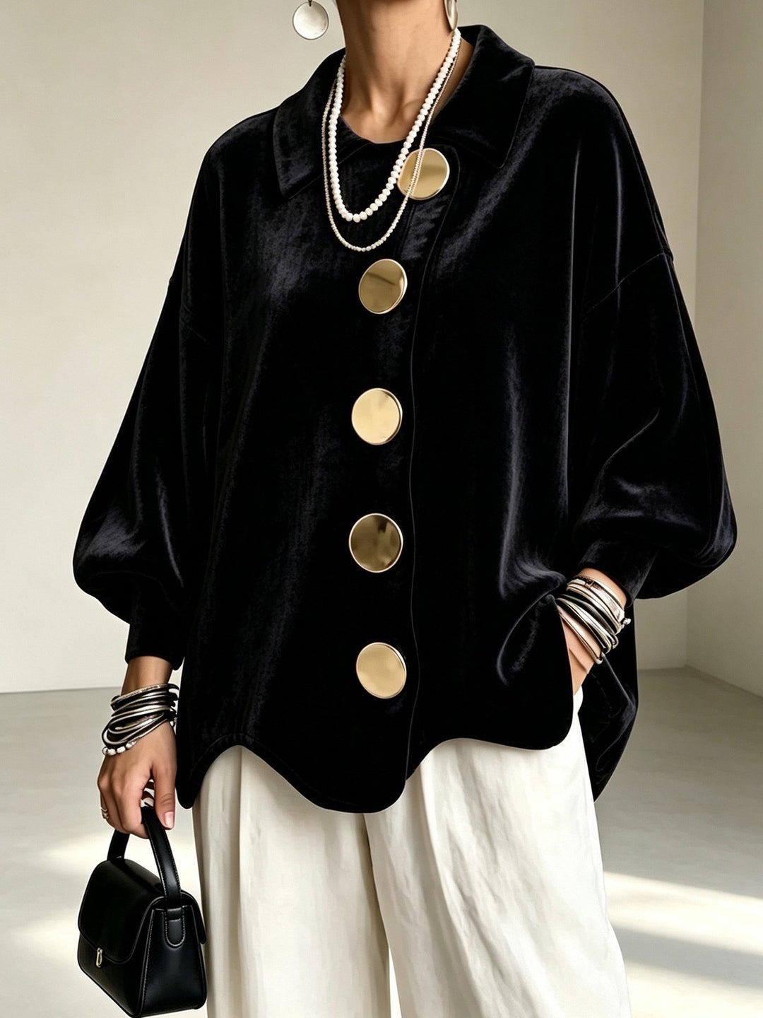 Damen Oversized Samtjacke mit großen Zierknöpfen und Balloon-Ärmeln Drune