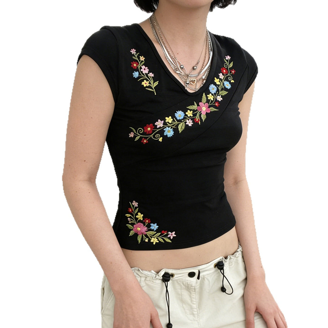 Damen V-Ausschnitt T-Shirt mit floraler Stickerei und figurbetontem Schnitt Drune