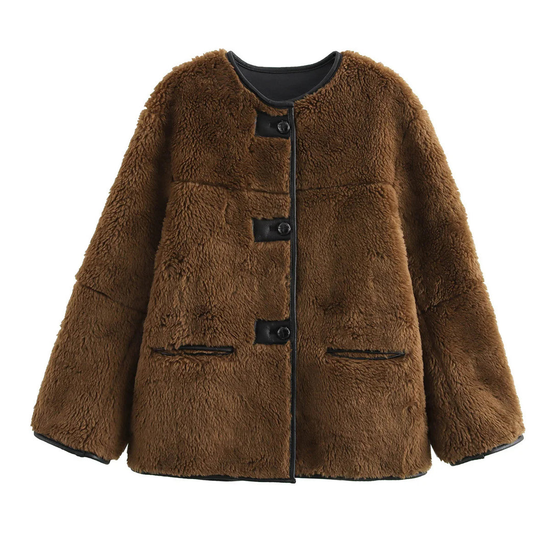 Damen nan kurzer Teddy-Manteljacke im Boxy-Cut mit kontrastpaspeln, Druckknopf- und Zierriegel-Detail Drune