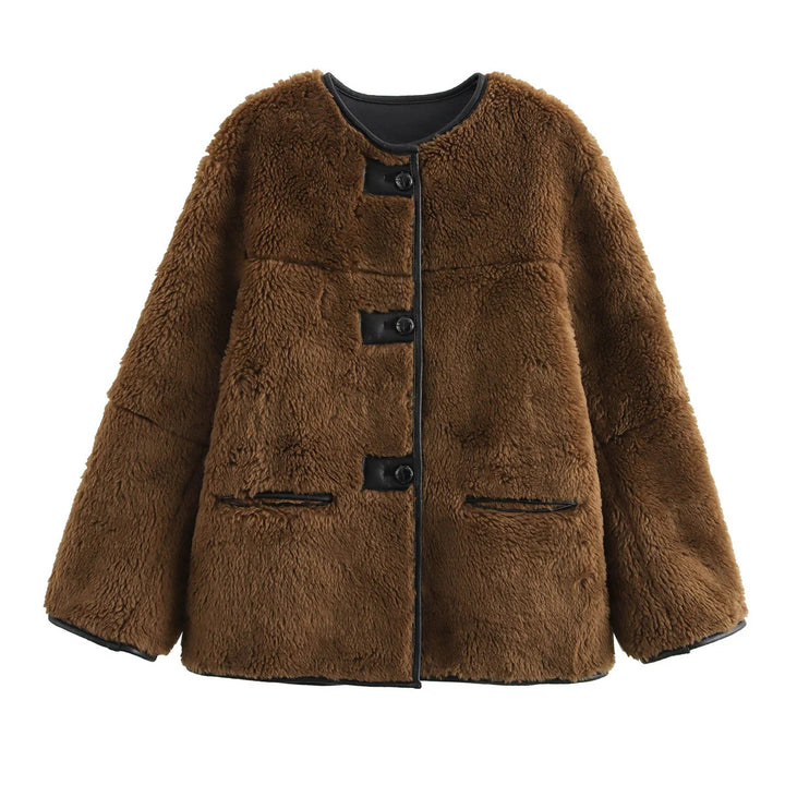 Damen nan kurzer Teddy-Manteljacke im Boxy-Cut mit kontrastpaspeln, Druckknopf- und Zierriegel-Detail Drune