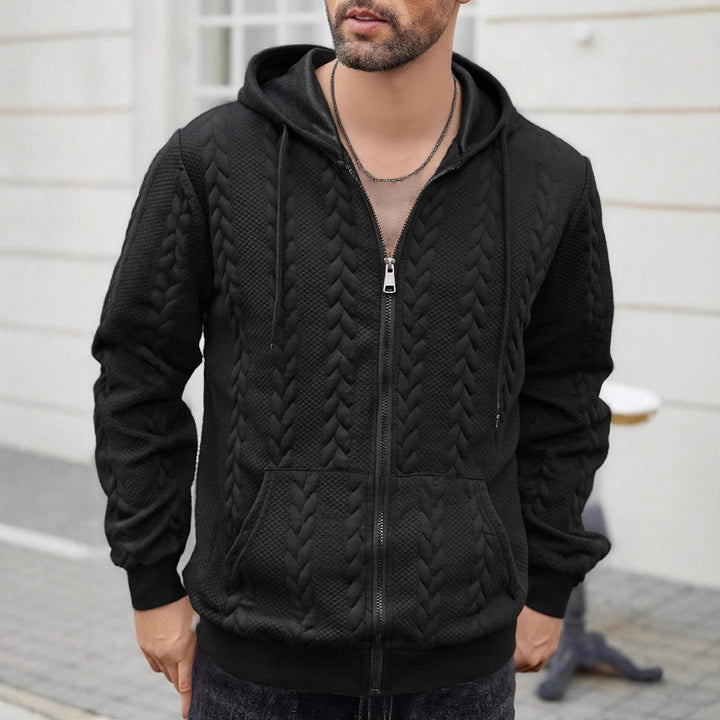 Herren strukturierte Kapuzen-Sweatjacke mit Zopfmuster, durchgehendem Reißverschluss und Kängurutasche Drune