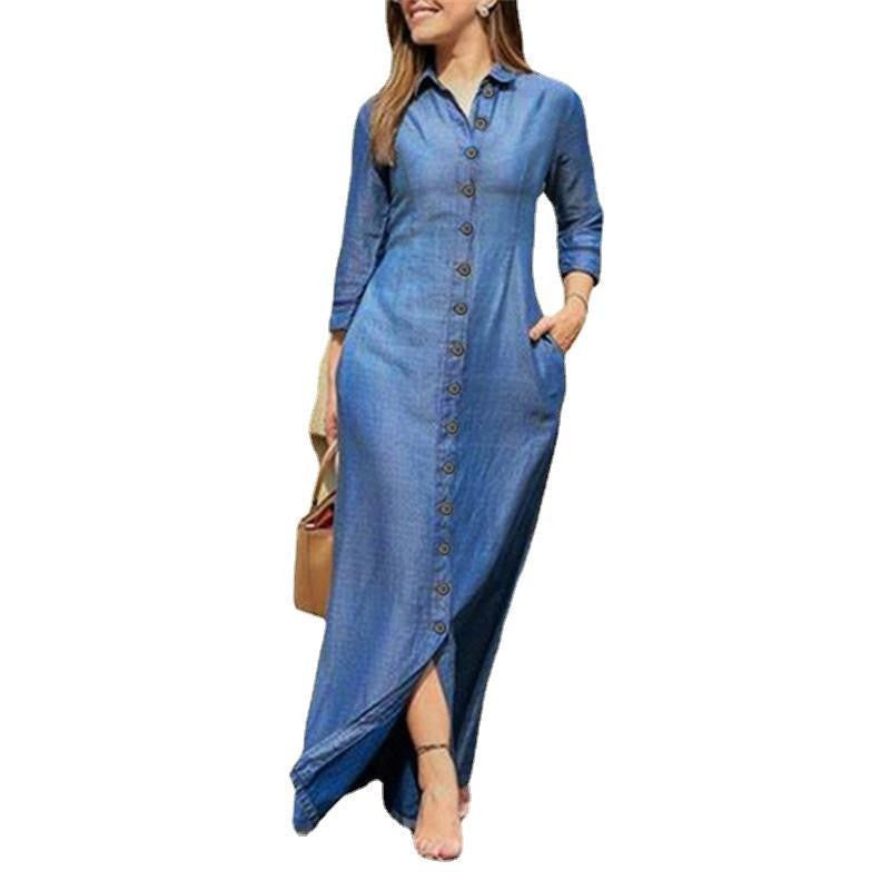 Damen Maxikleid Hemdblusenkleid mit Knopfleiste und Seitentaschen Drune