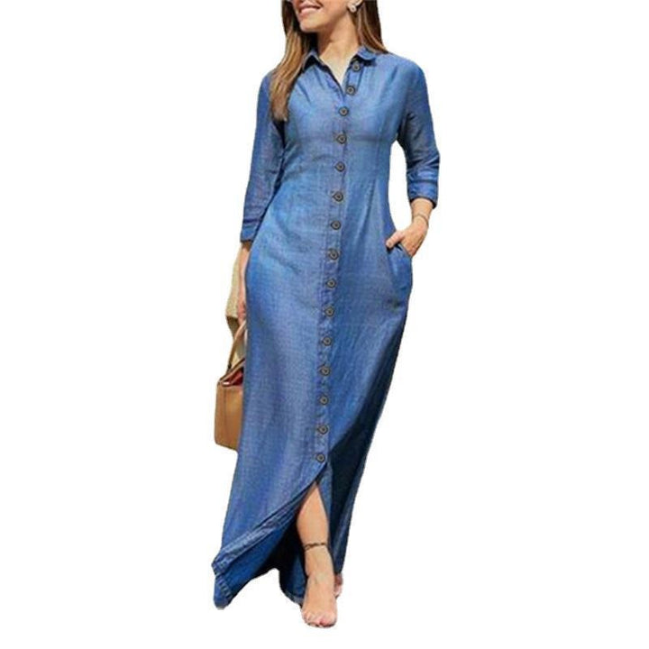 Damen Maxikleid Hemdblusenkleid mit Knopfleiste und Seitentaschen Drune